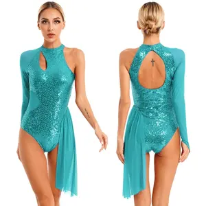 Beautiful Womens Figure Skating Dress Glitter Sequins Leotard One Shoulder Sheer Mesh Long Sleeve Halter Dance Dresses