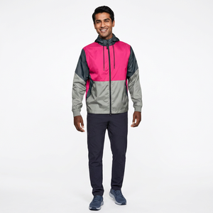 Mens <b>Lightweight</b> Full Zip Windbreaker <b>Jacket</b> in Pink Silver Waterproof and Quick Dry Breathable for Spring <b>Summer</b> Street Wear - Product Image 1