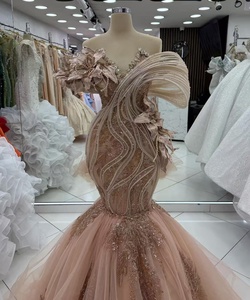 Gaun Malam Putri Duyung Champagne Cantik Gaun Prom Bahu Terbuka Ruffle Applique Bunga Gaun Pesta Selebriti Vestido De Novia - Product Image 1