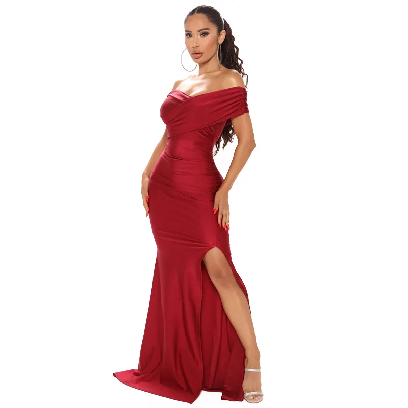 Elegant Pleated Off the Shoulder Bandage Bodycon Stretch Long Prom Evening Party Summer Maxi Dress Gown