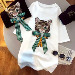 Wanita Kasual Tee Manik-manik T-shirt Musim Panas Malas Kucing Bertatahkan Berlian Beaded Kucing Busur Panjang Lengan Pendek T-shirt
