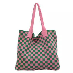 Checkerboard Small Knitted Tote Handbags Bag Women's Fashion Autumn Winter Checked Plaid Shopping Bags Cotton