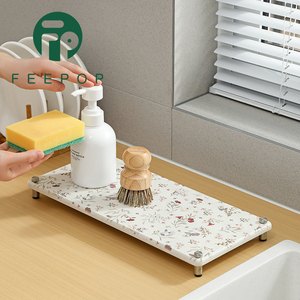 Grande Portaoggetti da Lavabo Autoportante in Diatomite Super Assorbente, Staccabile, a Singolo Livello, con Stampa a Motivo Bianco, per Bagno - Product Image 1