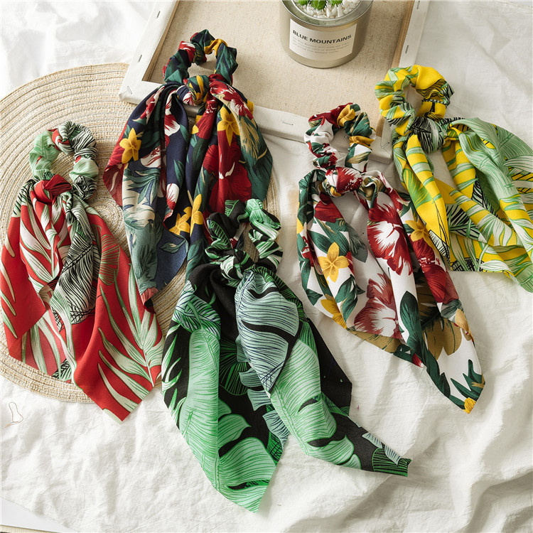 Fashionable large intestine band ribbon hair scrunchies horsetail printed square elastic hair bands women
