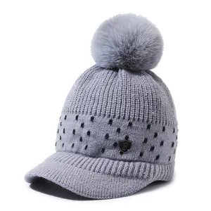 Fashion Knitted Beanie Cap With Visor Winter Women Hats Outdoor Cold-Proof Activities Cap