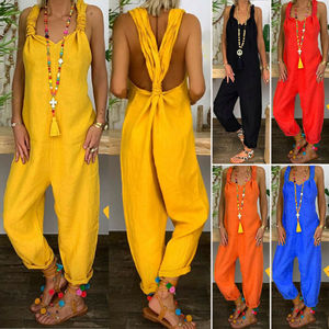 Women Casual Solid Dungarees Vintage Cotton Linen Loose Rompers Party Women Casual Long <strong>Harem</strong> Overalls <strong>Jumpsuits</strong> - Product Image 1