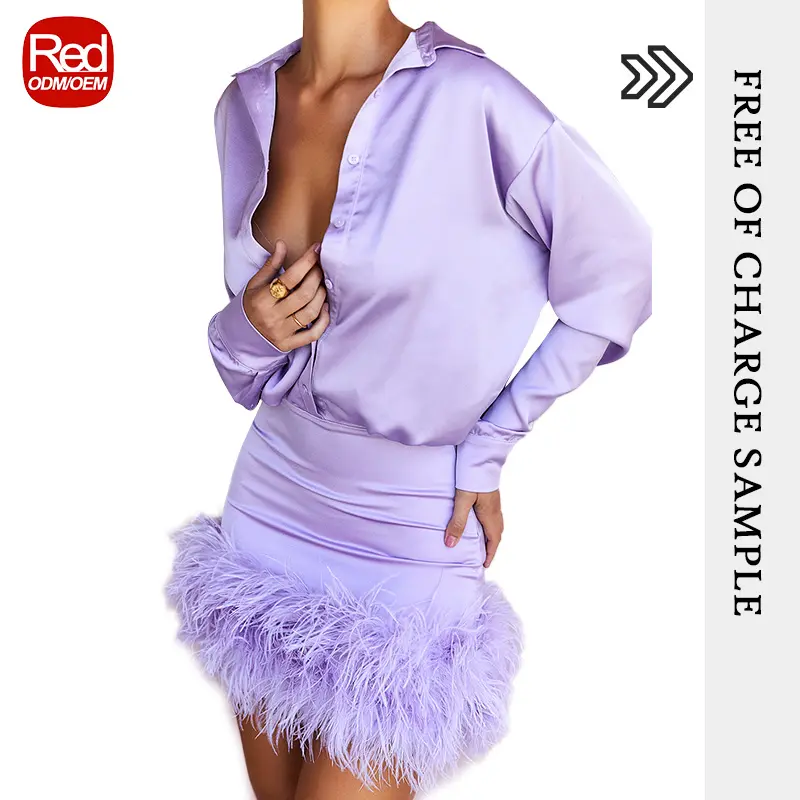 RedHK Custom High Quality New Arrives Women British Fashion Brand Womens Clothes Autumn 2021 Designer Satin Shirt Fur Hem Dress