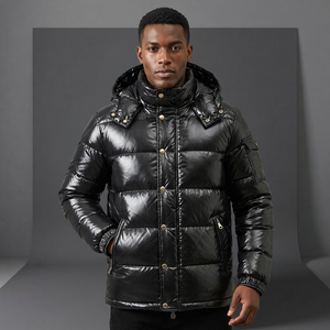 Veste d'hiver décontractée pour homme, noire, brillante, en duvet, à capuche, col montant, coupe-vent, coupe classique, fermeture à boutons - Product Image 1