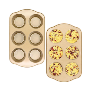 صينية خبز كبيرة من جوهو بيكينج لـ 6 قطع مافن، عبوة من قطعتين، صواني كب كيك غير لاصقة، فولاذ سمك 0.5 ملم، قطر 3.5 بوصة، ملاعق خبز ذهبية كبيرة - Product Image 1