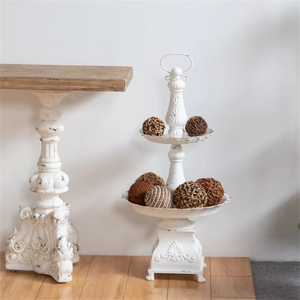 <b>2</b>-<b>Tier</b> Rustic White Metal Storage Tray Vintage Floral Design Retro Food Serving Tray Lacquer Technique for Living Room - Product Image 3