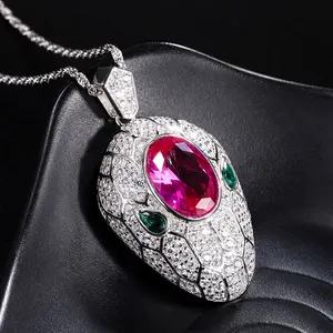 Wholesale jewelry S925 full body silver rose red zirconium creative snake head pendant necklace main stone 10*14