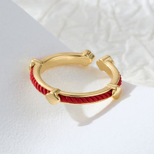 Red <b>String</b> Four Leaf Clover Open Ring Brass Plated <b>Gold</b> Twisted Cord Adjustable Unisex Jewelry Gift - Product Image 4