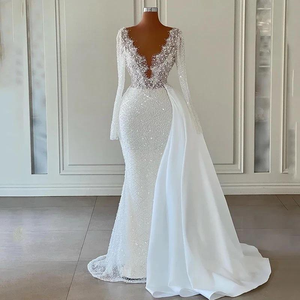 Vestido de Noche Premium Estilo Sirena con Brillo, Cuello en V, Mangas Largas, Espalda de Encaje, Largo hasta el Suelo, <span class=keywords><strong>para</strong></span> <span class=keywords><strong>Bodas</strong></span> y Eventos - Product Image 5