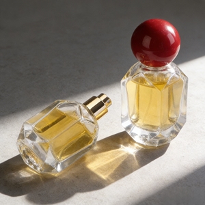 Flacon pulvérisateur carré en verre avec bouchon en forme de couronne plaqué or et argent irrégulièrement décoré, flacon vintage pour parfum bois de santal - Product Image 4