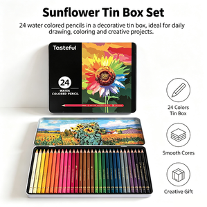 Set di 24 Matite Colorate Solubili in Acqua in Scatola di Latta a Forma di <span class=keywords><strong>Girasole</strong></span> per Bambini, Studenti e Artisti per <span class=keywords><strong>Disegno</strong></span>, Pittura e Colorazione - Product Image 2