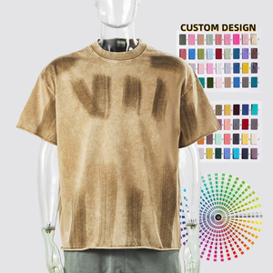 TKAN 179 hommes personnalisé Streetwear en détresse Logo T-Shirt en gros surdimensionné goutte-épaule 100% coton 300 Gsm lavage à l'acide tricoté - Product Image 1