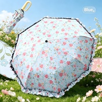 Parasol portable à volants floraux, ouverture manuelle, poignée à boucle, tissu hydrofuge, 21 pouces, 8 baleines, parapluie pliant en trois sections