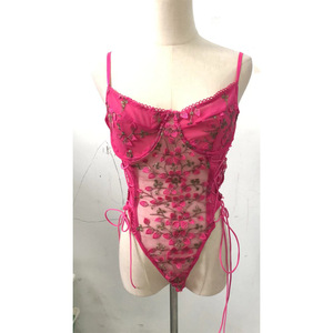 Bodysuit renda semi-sheer model petal Amerika terlaris, pakaian dalam seksi wanita dewasa, rajutan kontrol sedang dari bahan dacron - Product Image 3