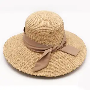 קידום מכירות בתפזורת אלגנטי רפיה כובע דלי צמה קש לנשים כובע קלוש עם שוליים גדולים