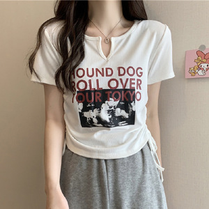 Áo Thun Nữ Tay Ngắn che bụng thon gọn áo dây rút thường ngày thiết kế phong cách Hàn Quốc xuyên biên giới cho mùa xuân hè - Product Image 6