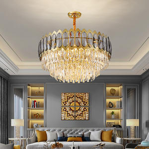 Lámpara de techo de oro cepillado Sala de estar Candelabros de cristal K9 gris humo de lujo modernos - Product Image 3