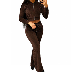 בציר קטיפה ברדס קבול העליון & מכנסיים קטיפה צבעונית קטיפה מרושכת יבול ברדס למעלה & מכנסיים סט אופנה מזדמנים - Product Image 4