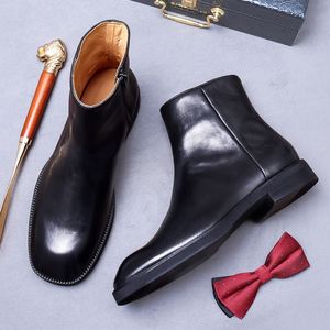 รองเท้าบูทข้อเท้าทรงเหลี่ยมสีดำคุณภาพสูง หนังวัวแท้ชั้นแรก น้ำหนักเบา สไตล์ลำลองทางธุรกิจ พื้นหนา รองเท้าบูทฤดูหนาวสำหรับผู้ชาย - Product Image 5