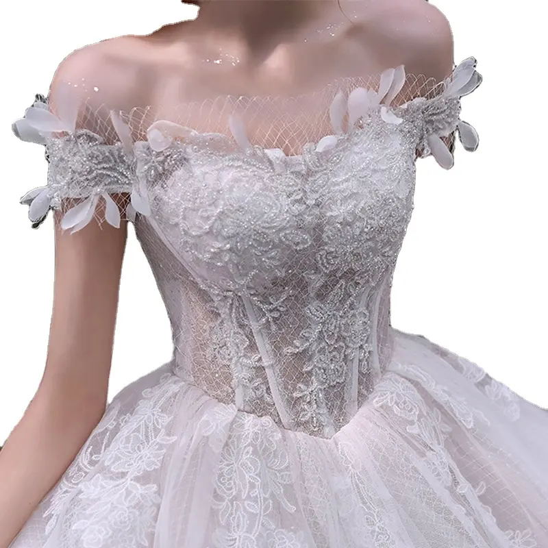 2022 Luxury Short Sleeve Bridal Gown Long Trail White Tulle Lace Wedding Dress