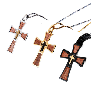 <span class=keywords><strong>Collier</strong></span> pendentif hip-hop en acier inoxydable inaltérable et étanche, croix religieuse chrétienne en bois grainé - Product Image 1