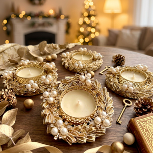 Handcrafted Eco-Friendly Golden Metal Gota Lace Leaf Tealight Candle Holder Set Modern Luxury Pearl <b>Clusters</b> Diwali <b>Christmas</b> - Product Image 3