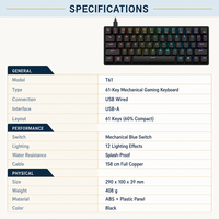 Clavier de jeu mécanique à 61 touches, interrupteur bleu, filaire USB, 12 effets d'éclairage, résistant aux éclaboussures, pour joueur sur PC