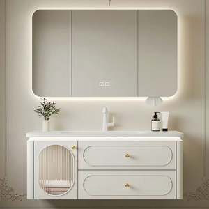 Meuble-lavabo mural simple de style minimaliste français de luxe léger, série crème, avec miroir intelligent - Product Image 1