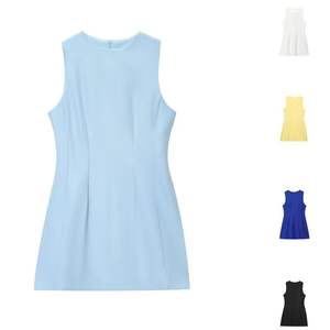 Women's Casual Summer Plain Dyed European/American Style All-Match Slim <b>Fluffy</b> Round Neck Sleeveless Short <b>Dress</b> Natural Waist - Product Image 1