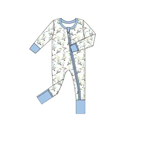 OEM ODM Kids clothes wholesale newborn baby boy long sleeves zipper romper mallard ducks printed boys one pc bamboo pajamas