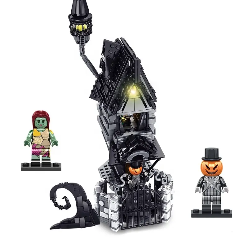 Halloween Jack und Sally Haunted House Baustein-Sets mit LED-Licht Legoed kompatiblen Backstein Spielzeug Geschenk für Kinder Fans Decora