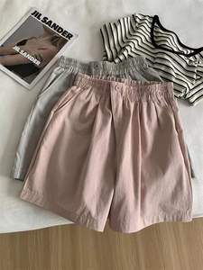 Shorts taille haute en coton lavé pour femmes, 5 couleurs, coupe décontractée, plissés, avec poches - Product Image 3