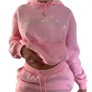 DEC Oem Custom Pink Velour Tracksuit Full Set Zip Hoodie Sweat Pants Jogger Rhinestone Activewear Sportswear