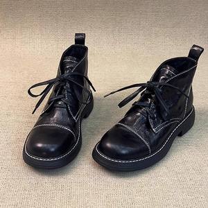 Botas de Motociclista para Mujer, Estilo Británico, Punta Redonda, Tacón Cuadrado, Antideslizantes, Retro, de Cuero Genuino, Simples, Elegantes y Versátiles - Product Image 1