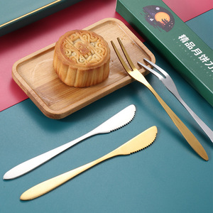 Ensemble de couteaux et fourchettes à gâteau de lune en acier inoxydable, coffret cadeau de luxe haut de gamme, pics à dessert à deux dents pour fruits et gâteaux - Product Image 4