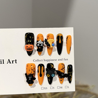 Vente en gros usine Ongles à presser 3D d'Halloween faits main, longs, forme amande, motifs citrouille, chat, chauve-souris, fantôme, réutilisables, conception personnalisée OEM ODM
