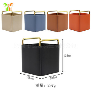 Panier de rangement à structure métallique, porte-stylos garni de cuir, organiseur de télécommandes de bureau, étagère de rangement en fer forgé (en stock) - Product Image 2