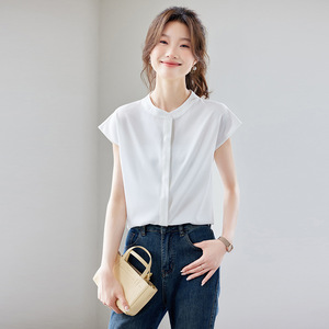 Women's Short Sleeve Chiffon Blouse Solid Color Button Front Wrap <b>Tie</b> Work Shirt For Office Commuting Professional Look - Product Image 2