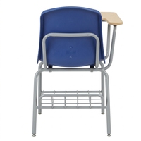 Chaise d'école avec tablette d'écriture intégrée sous le siège, porte-livres en treillis métallique, structure en acier gris, idéale pour bibliothèque, salle de lecture, bureau