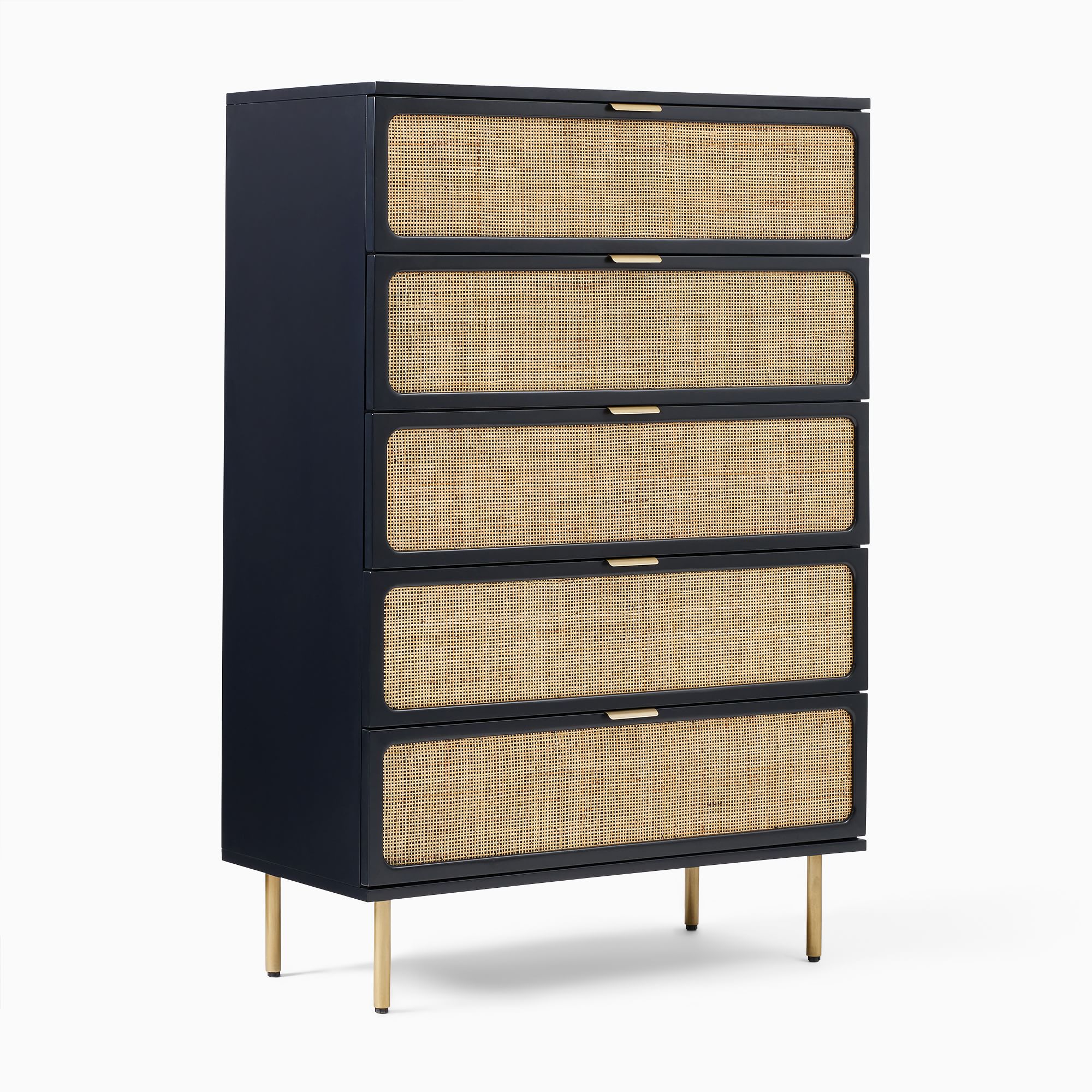 Modern Tall White Solid Wood Rattan Weaving Black Dresser 5 Drawer Storage Chest Of Drawers Bedroom Dressers