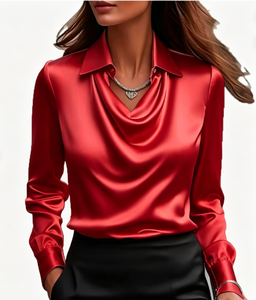 Camicetta Elegante da <span class=keywords><strong>Donna</strong></span> in <span class=keywords><strong>Raso</strong></span> Tinta Unita con Colletto a Balze, Design Semplice per Ufficio o Autunno, Offerta Speciale Taglia XL - Product Image 1