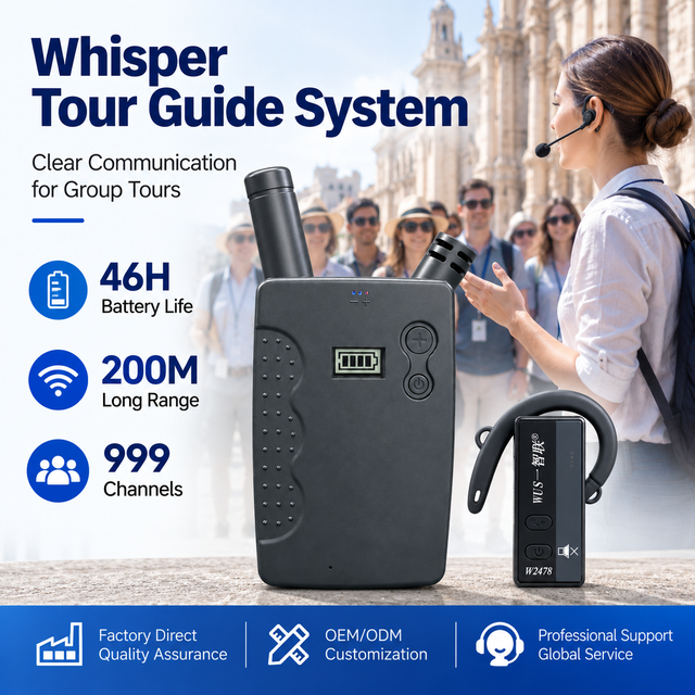 Whisper Tour Guide System 46H Battery 200M Long Range 999 Channels Wireless Headset for Travel Agency Group Tours W2478