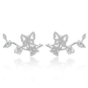 Boucles d'oreilles pendantes papillon fleur en laiton plaqué or avec zircon, style coréen créatif et tendance, haut de gamme pour femme, idéales pour les occasions festives - Product Image 1