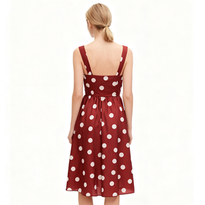 שמלת וינטג' נשית, קז'ואל, נושמת, אופנת רחוב, אדומה, באורך הברך, ללא שרוולים, הדפס נקודות לבנות, ארוגה, ODM - Product Image 2
