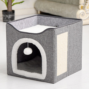 Cama cuadrada plegable para gatos, cálida para el invierno, lavable, extraíble, con rascador para gatos de interior. - Product Image 5