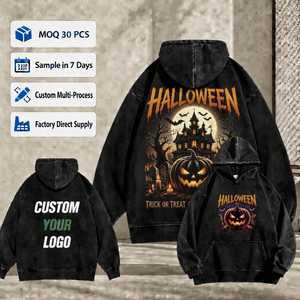 <span class=keywords><strong>Felpa</strong></span> Personalizzata in Cotone Nero Pesante con Lavaggio Acido, Grafica Vintage 'Happy Halloween', Stampa su Entrambi i Lati per Uomo - Product Image 1